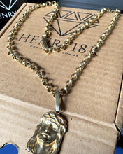 Carregar imagem no visualizador da galeria, Conjunto de Moeda Antiga Elo Portugues 8mm com Pingente Face de Cristo Grande